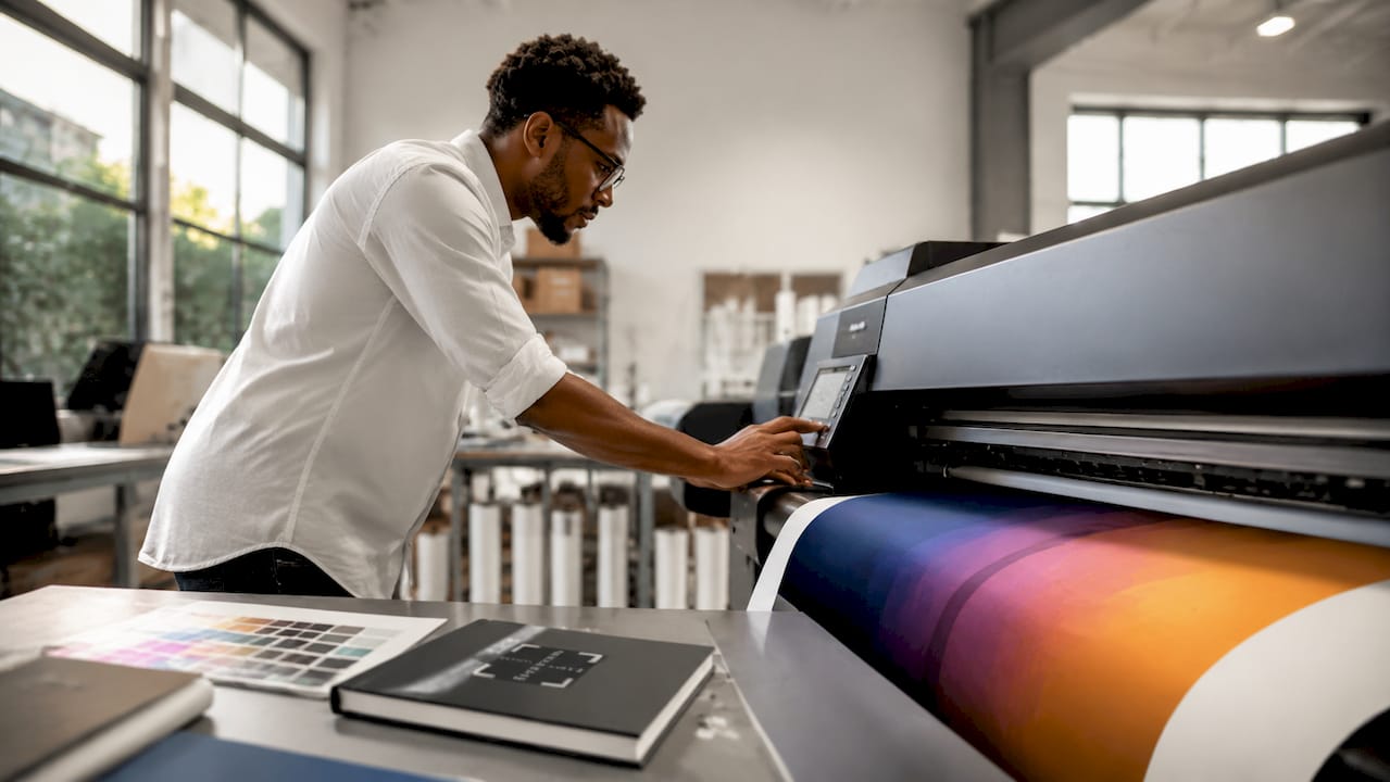 Print technician managing digital art print process