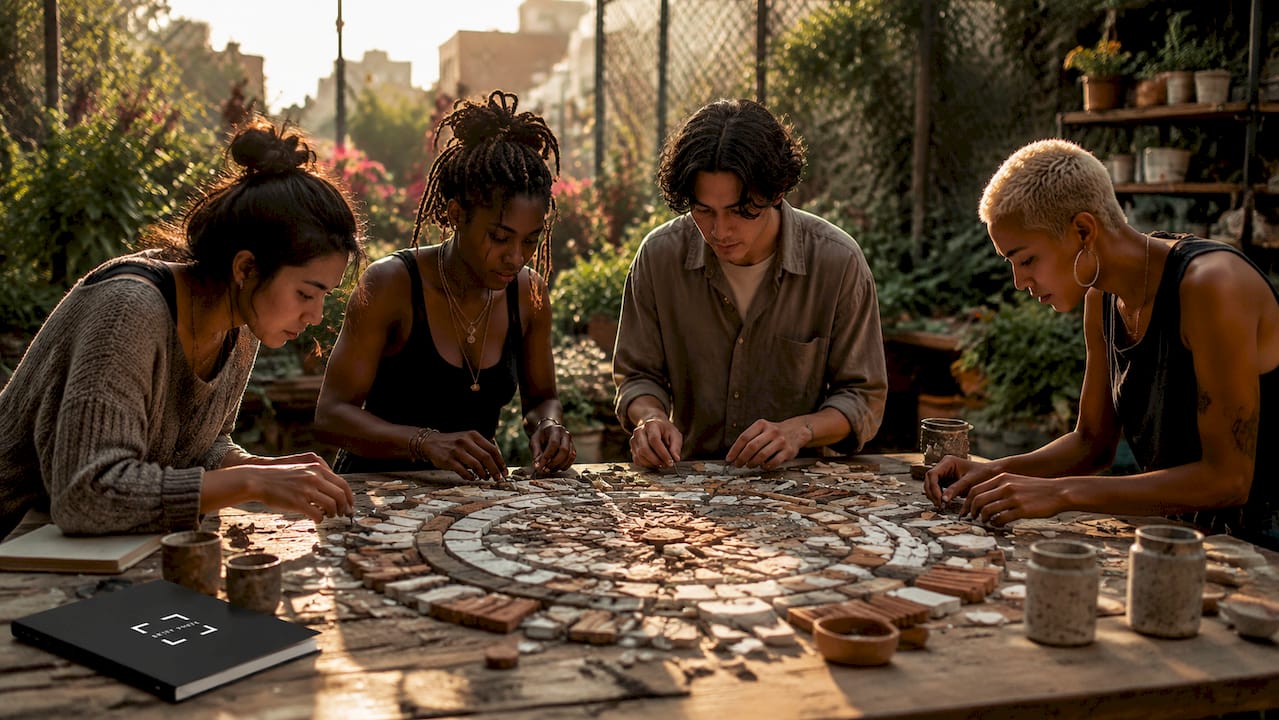 Hands crafting circular eco-art outdoors