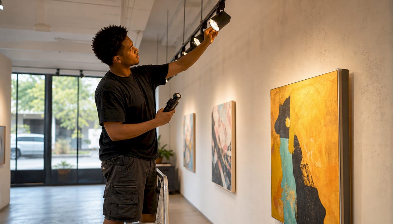 Technician adjusting gallery lighting angles