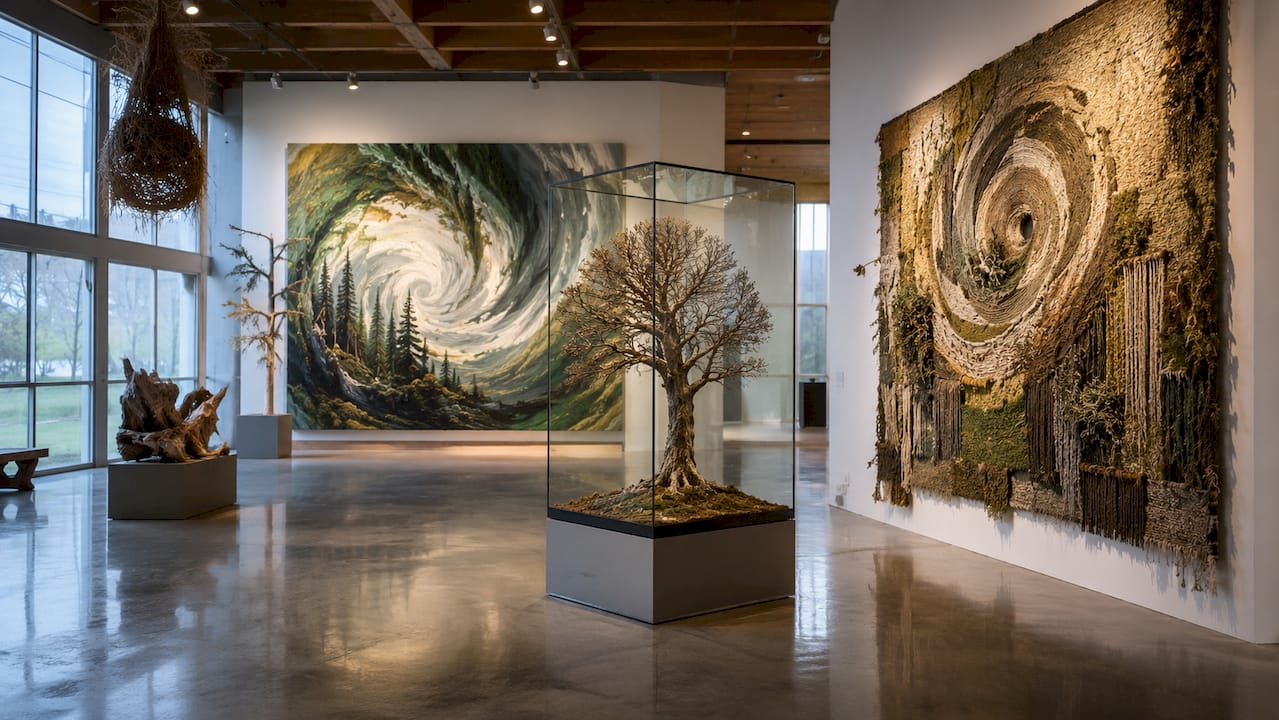 Gallery wall with diverse nature-inspired art styles