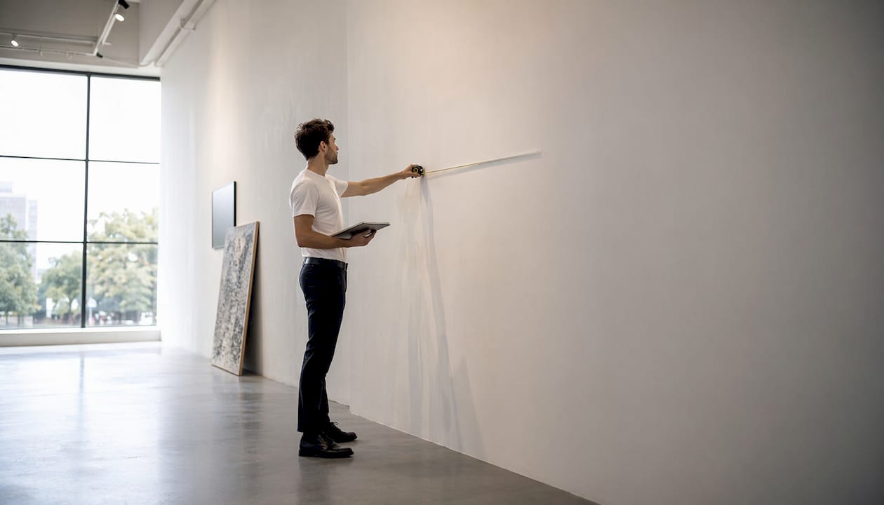 Man measuring wall space in home office