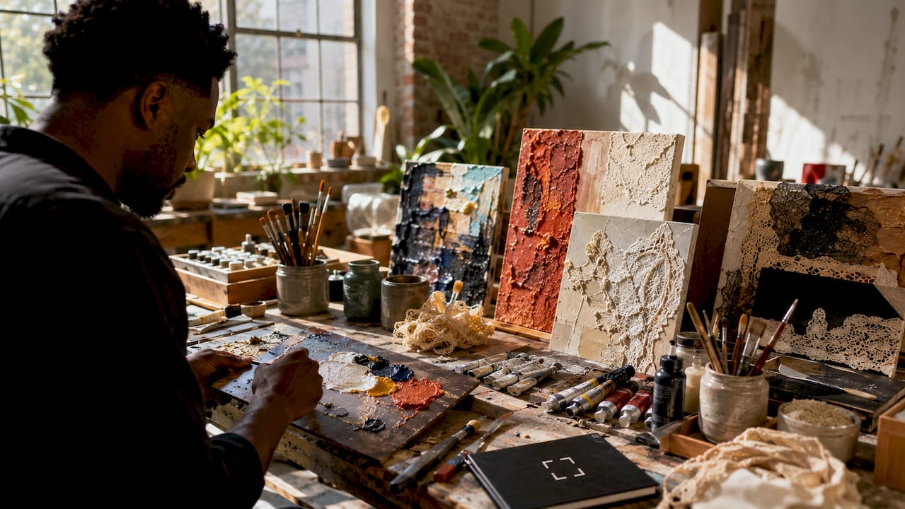 Overhead view of textured wall art materials and artist hands
