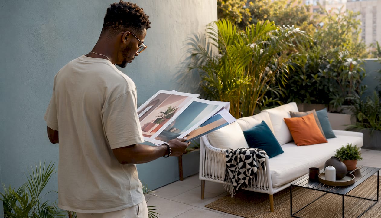 Man choosing wall art color coordination