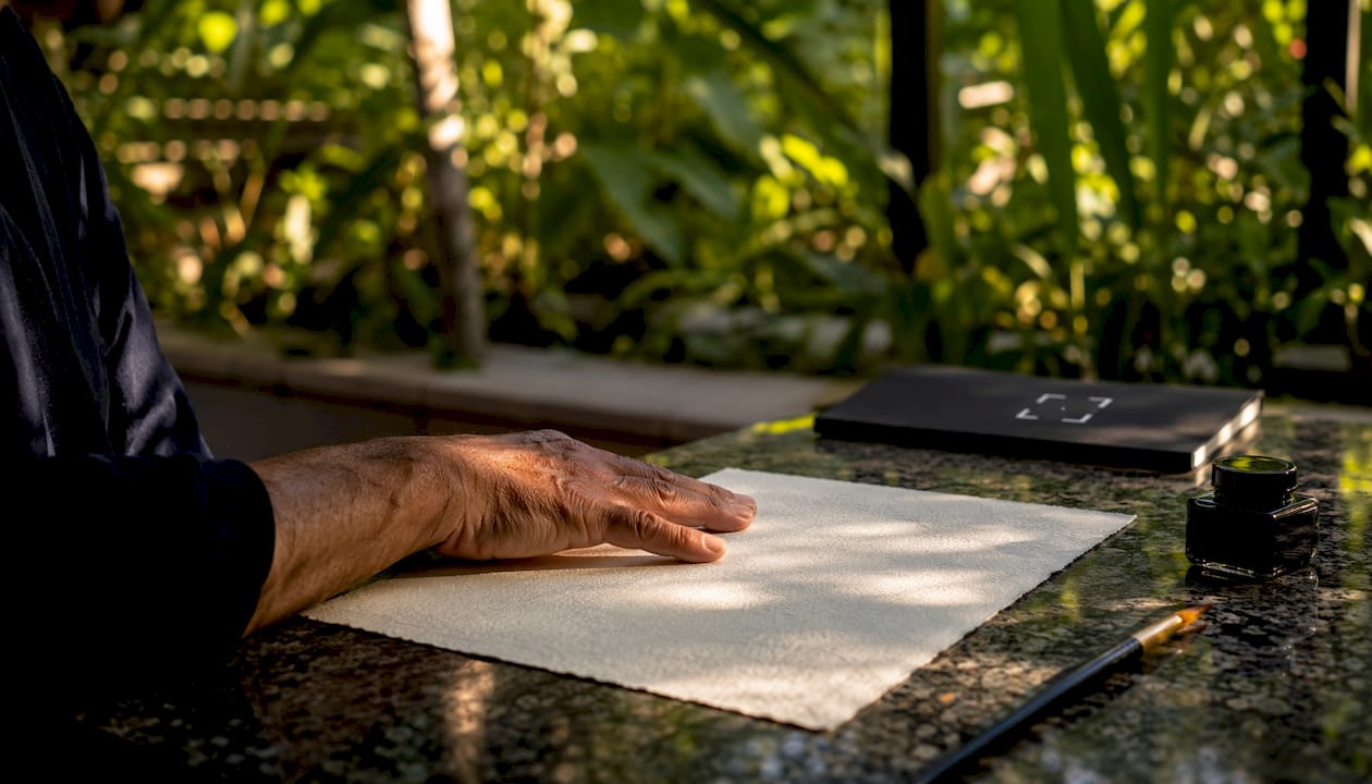 Hand touching textured fine art paper surface