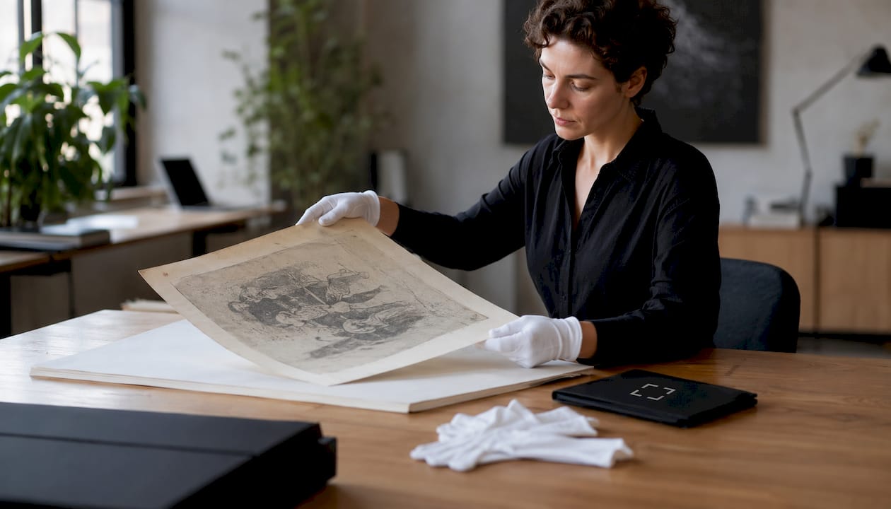 Hands lifting artwork with acid-free tissue