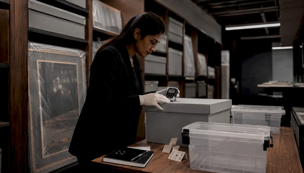 Collections manager inspecting art storage for pests