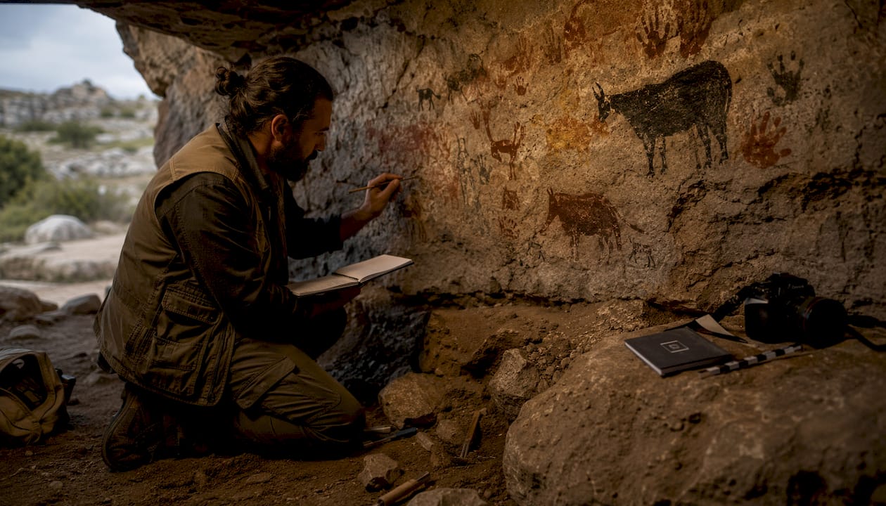 Researcher studying ancient cave paintings