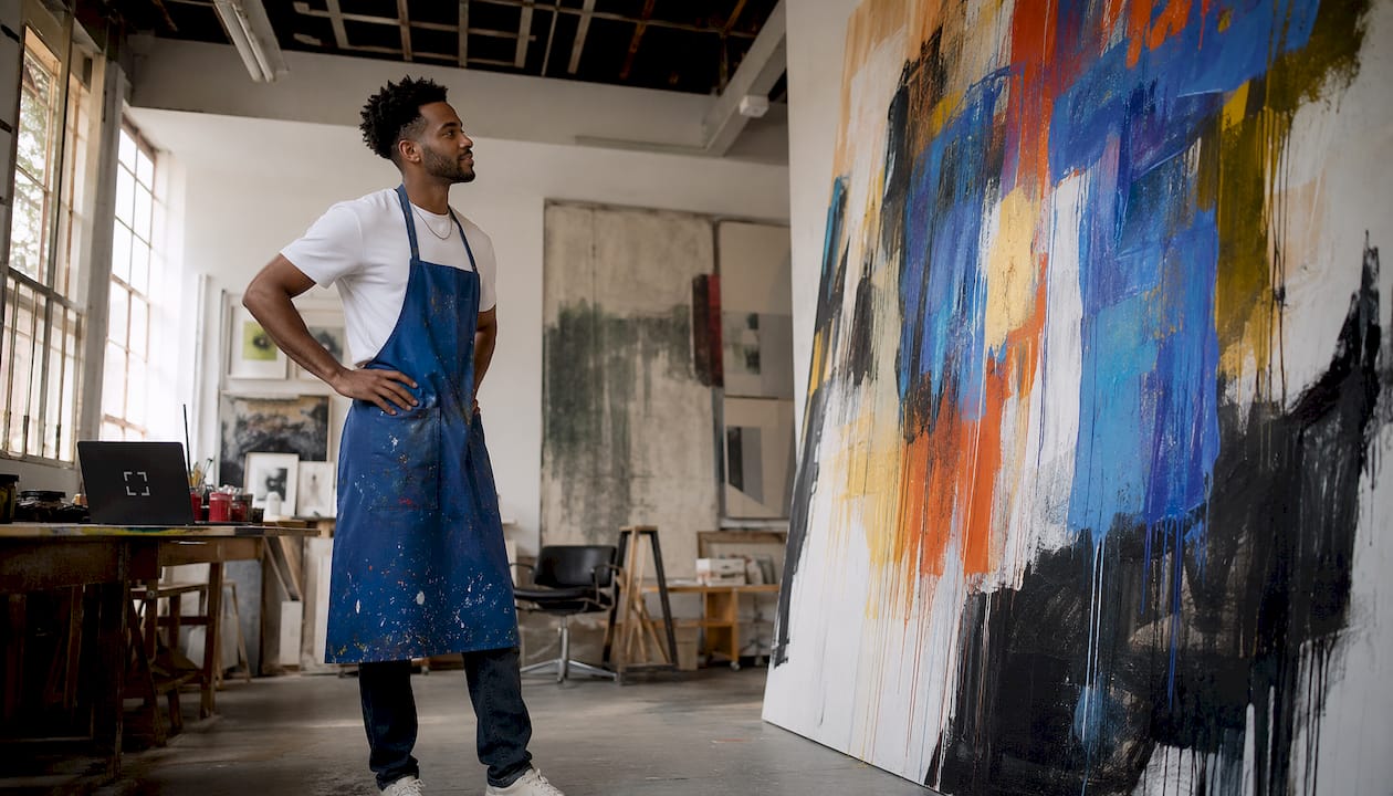 Artist painting abstract mural in studio