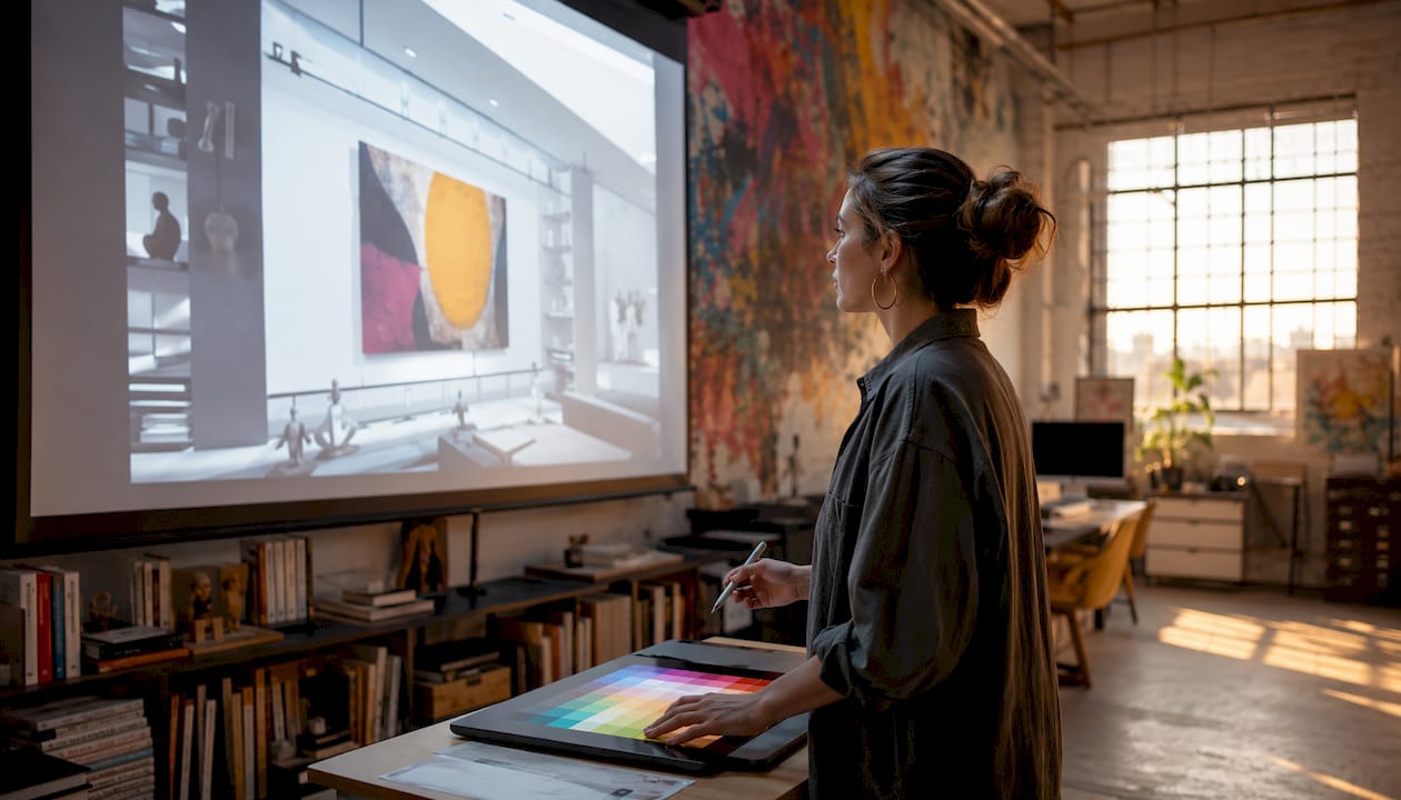 Designer using AI tools to preview wall art design