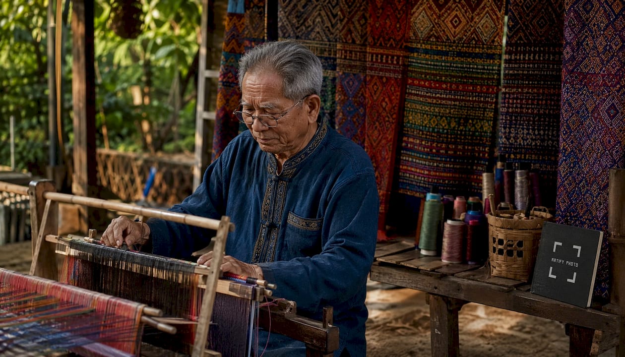 Close-up of artisan weaving textile on loom