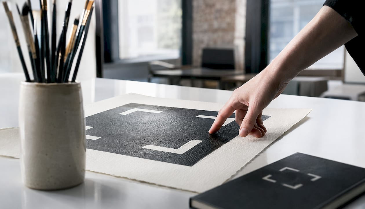 Close-up of hand feeling matte textured art paper