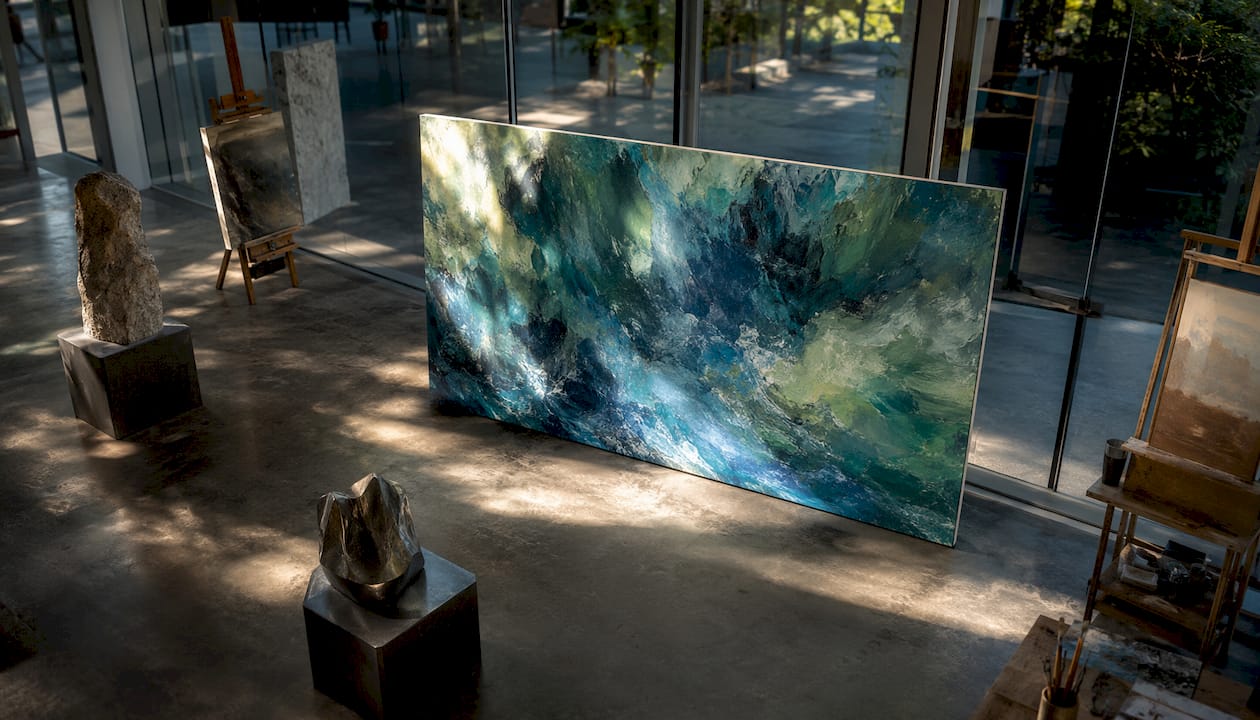 Textured large canvas painting in studio
