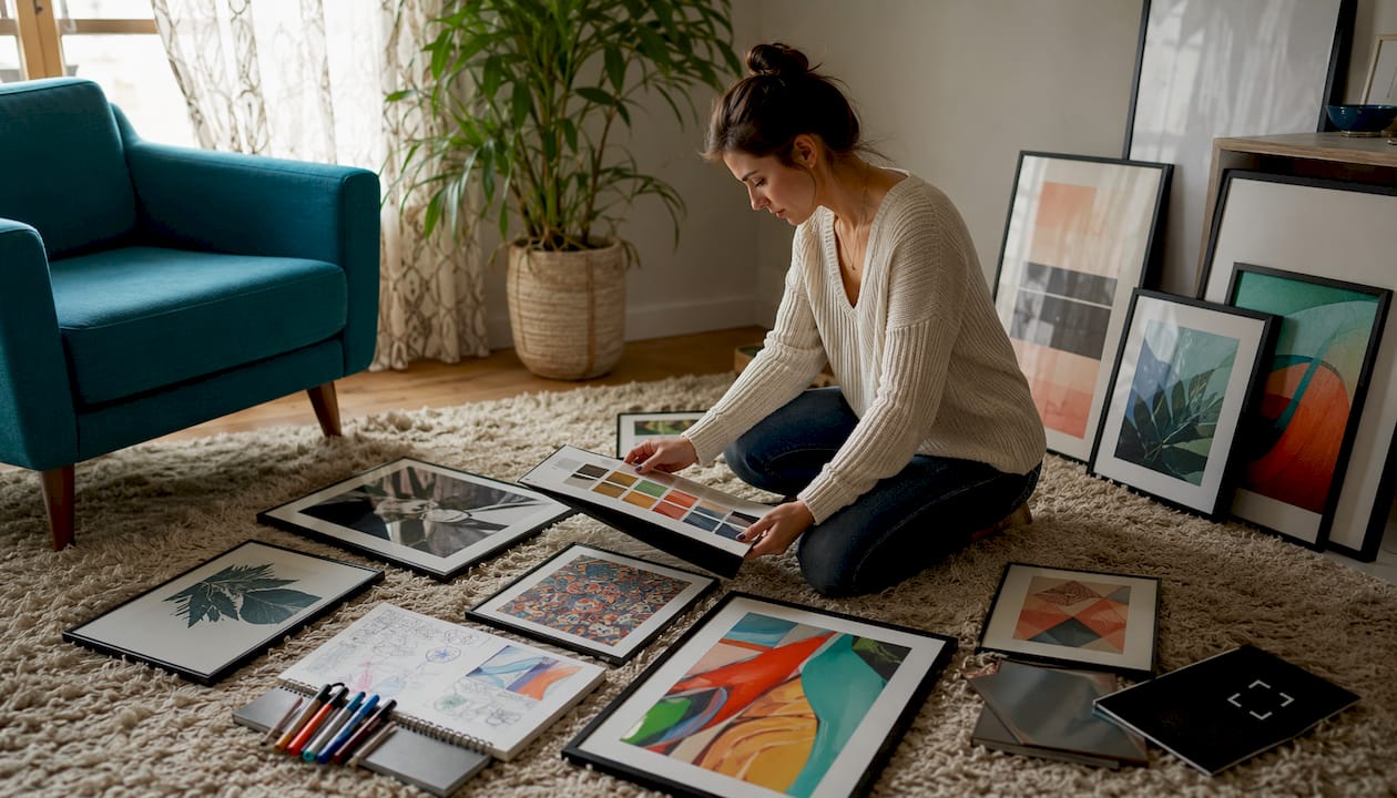 Designer arranging colorful art prints on floor