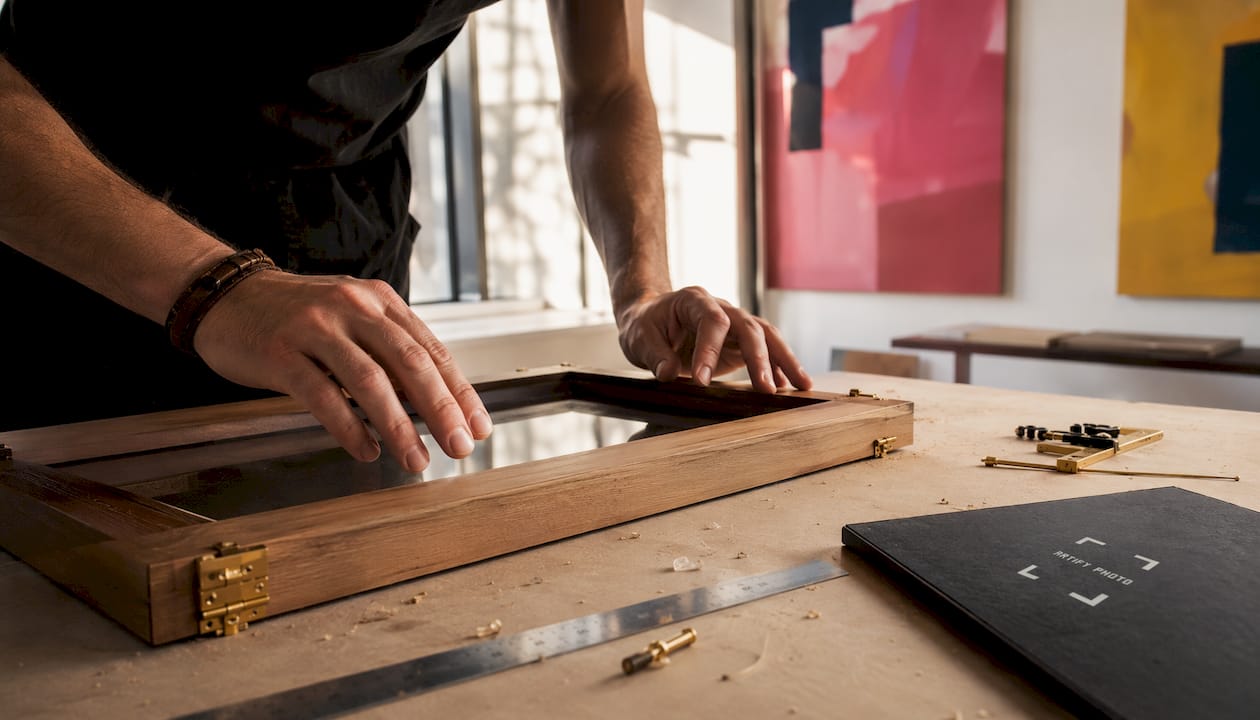 Craftsman assembling museum-grade frame