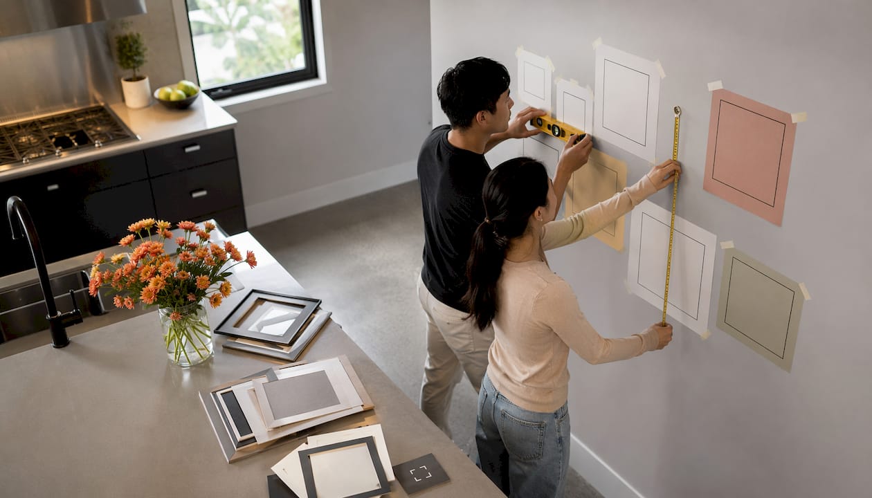Couple planning wall art arrangement