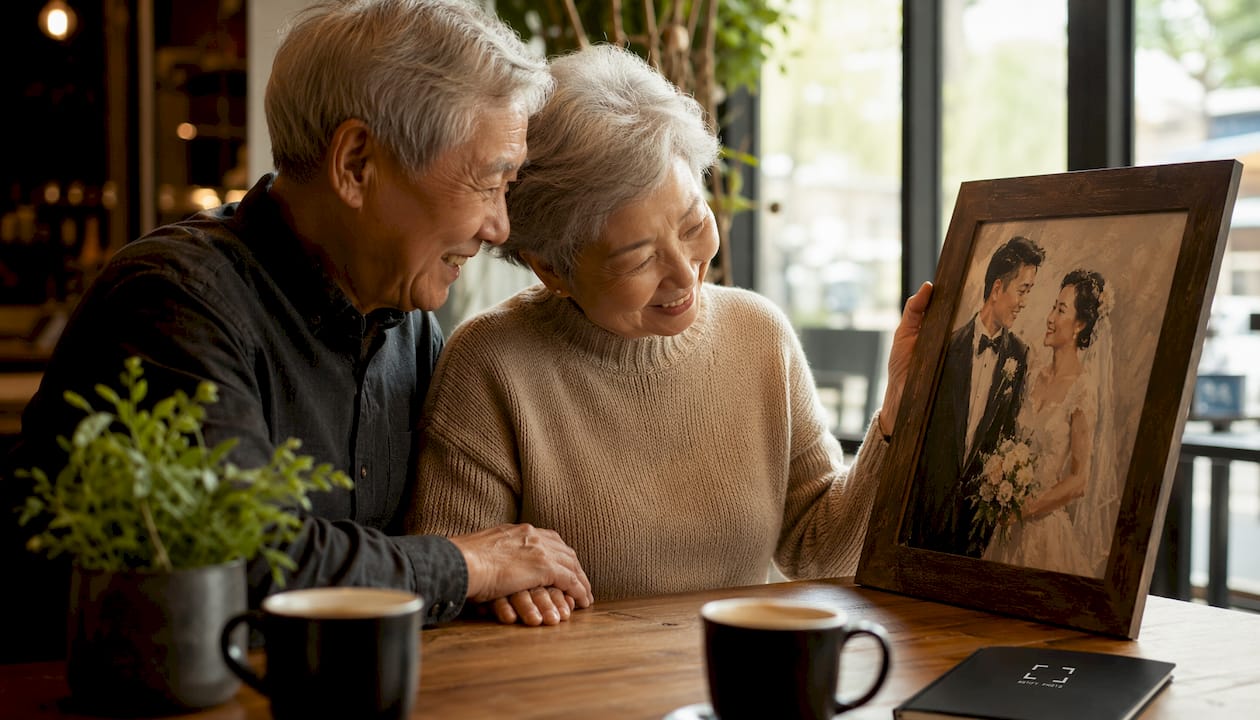 Couple examining custom wedding photo art