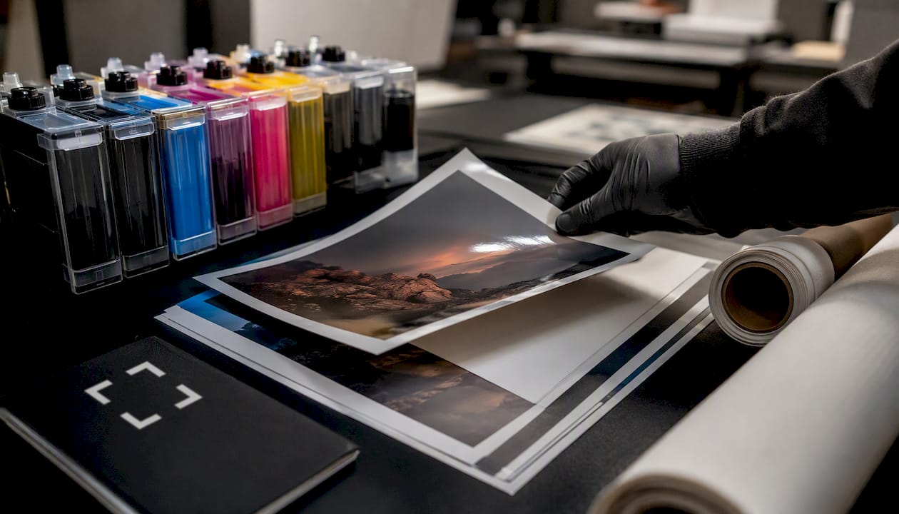 Close-up of archival inks and fine art printing materials