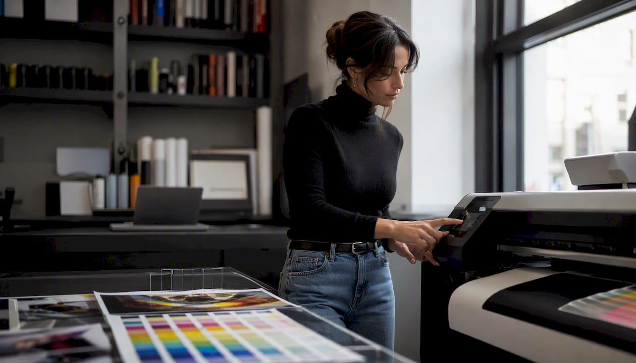 Hands adjusting color calibration on photo printer