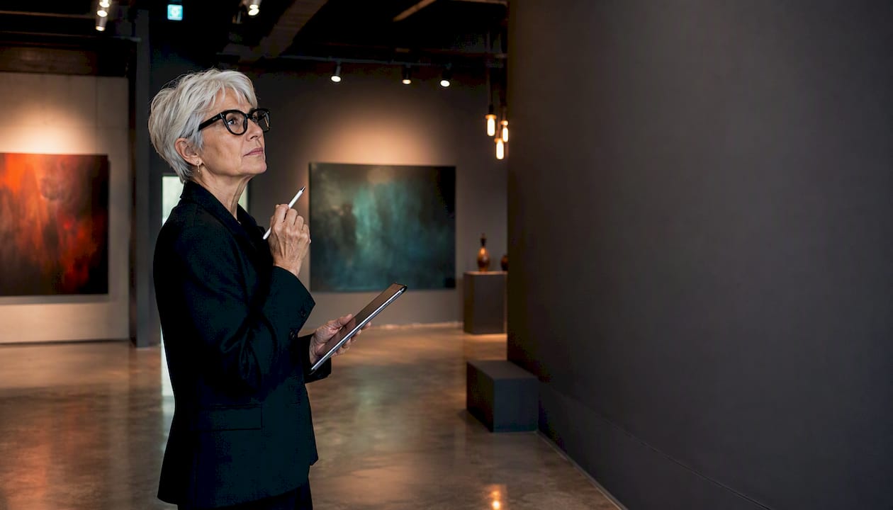 Gallery owner planning wall art installation
