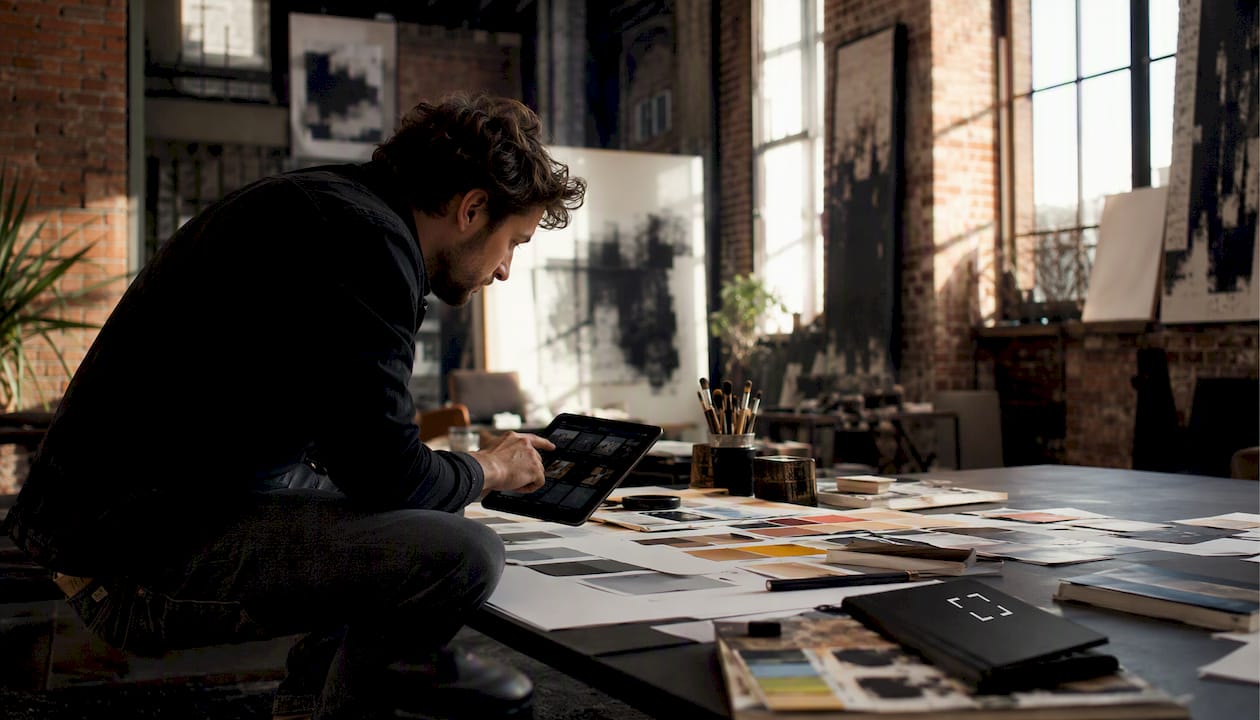 Man comparing wall art customization tools