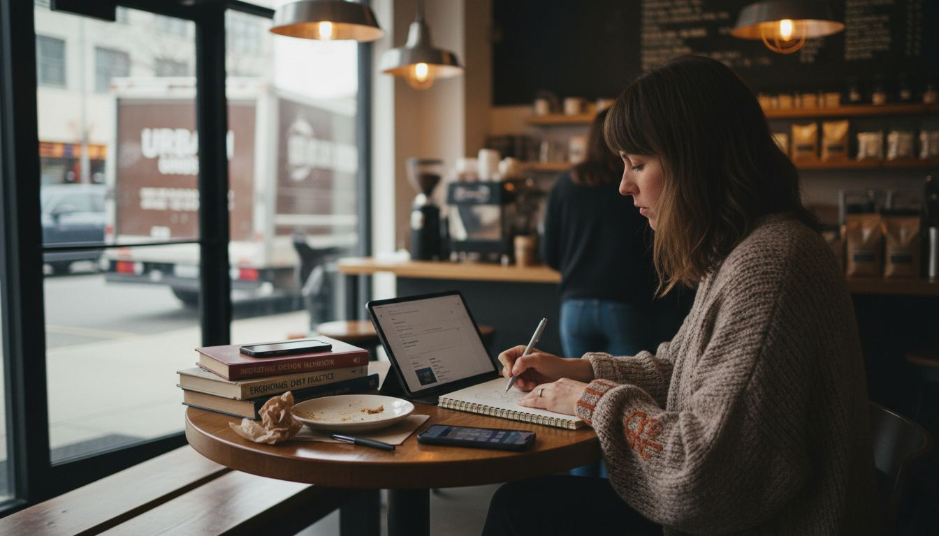 Entrepreneur brainstorming products in coffee shop