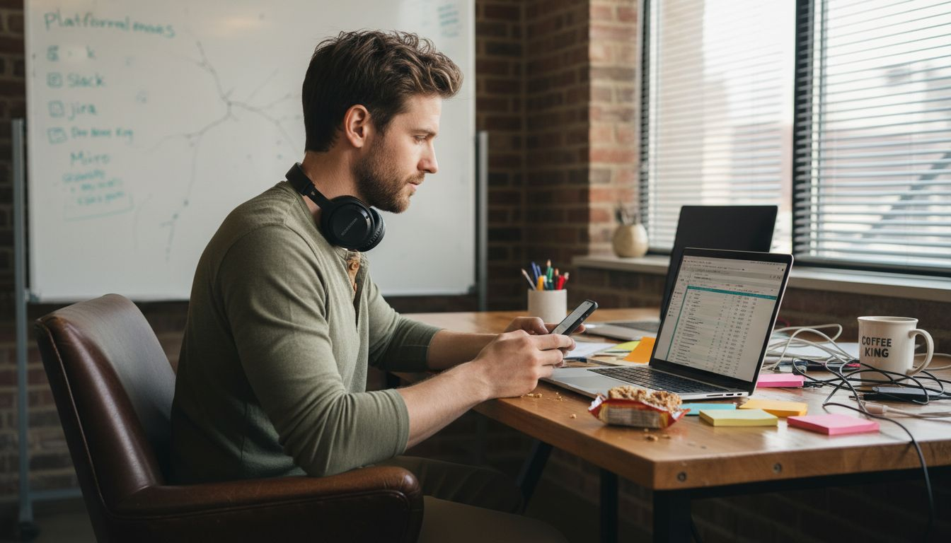 Man multitasking with laptop and phone at coworking desk