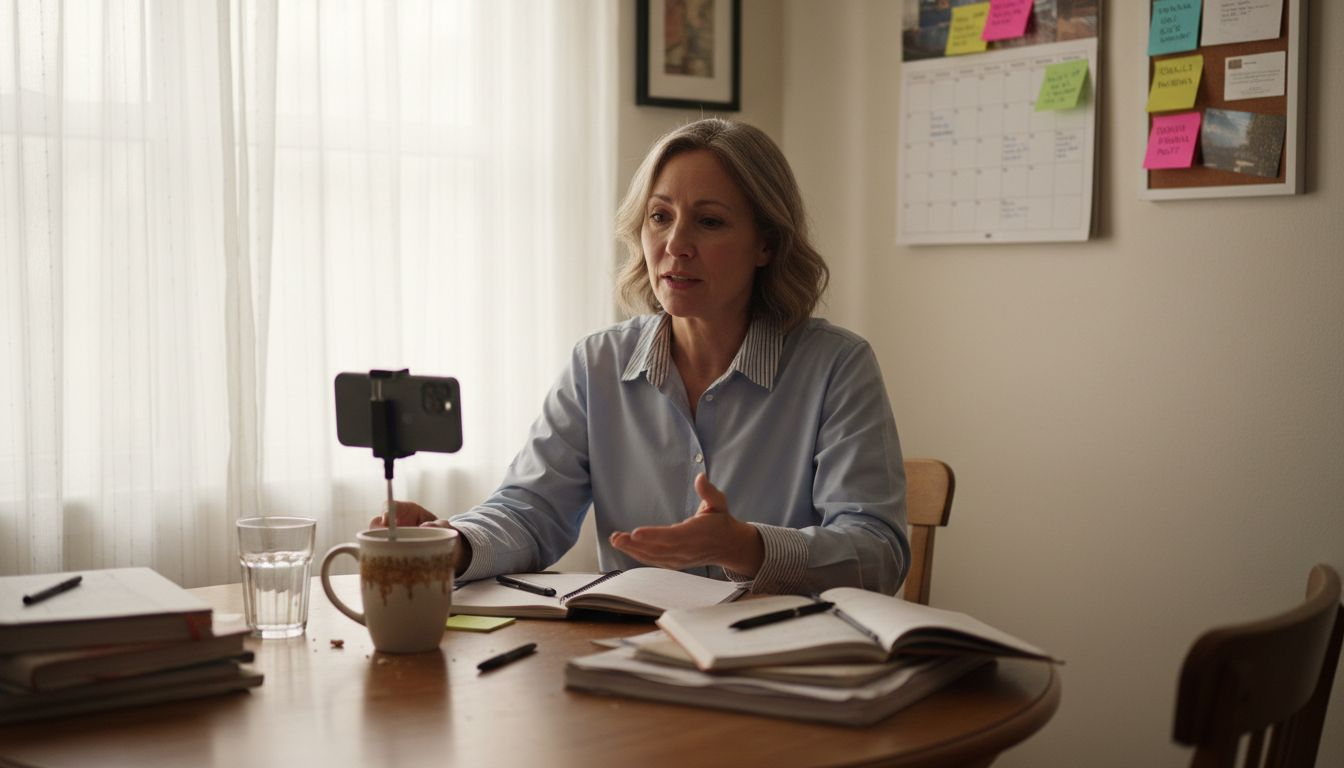 Entrepreneur recording video at cluttered kitchen table