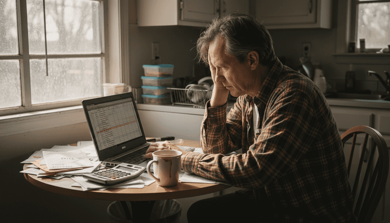 Stressed solopreneur with unpaid bills at kitchen table