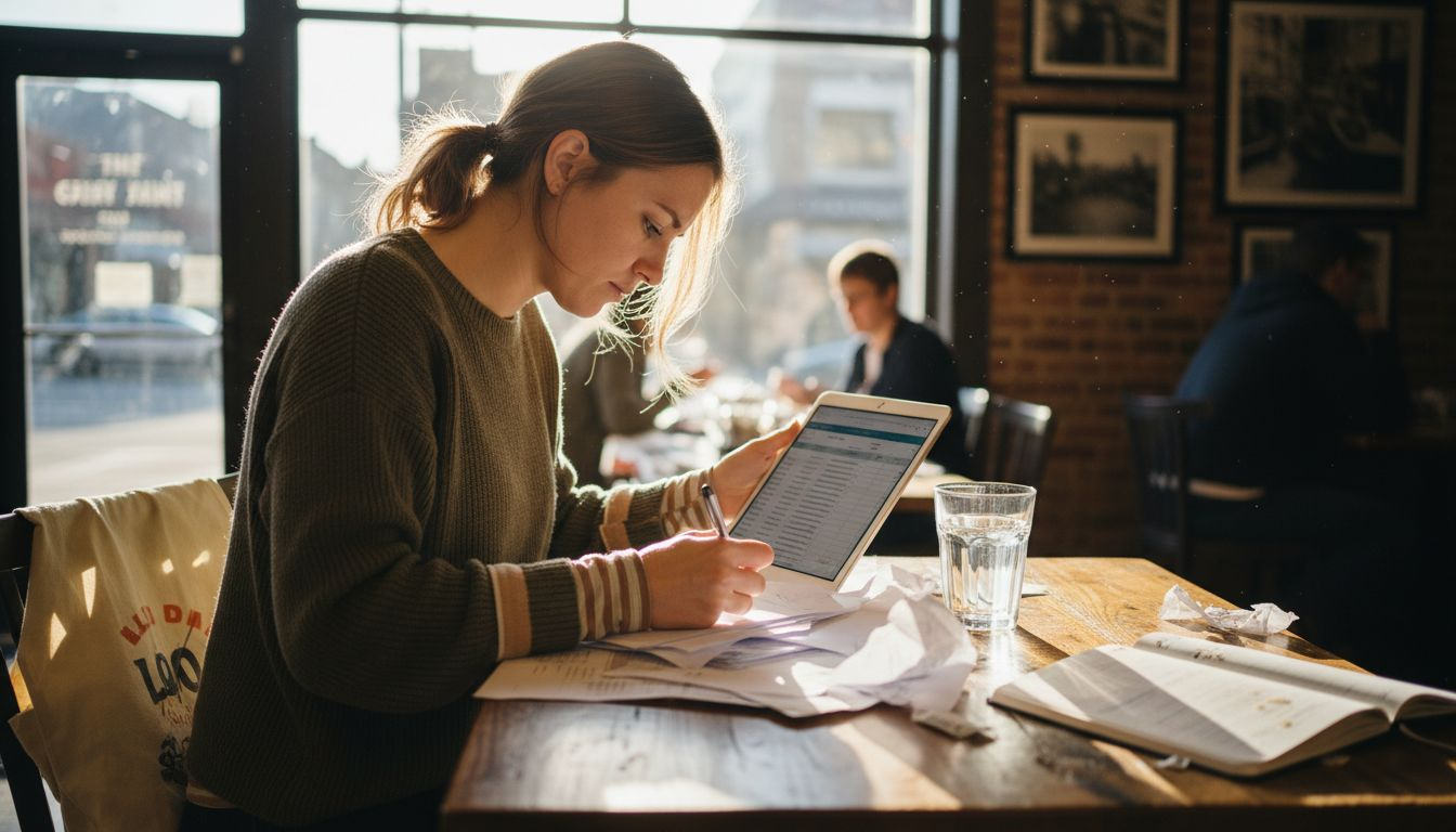 Young solopreneur reviewing early growth documents