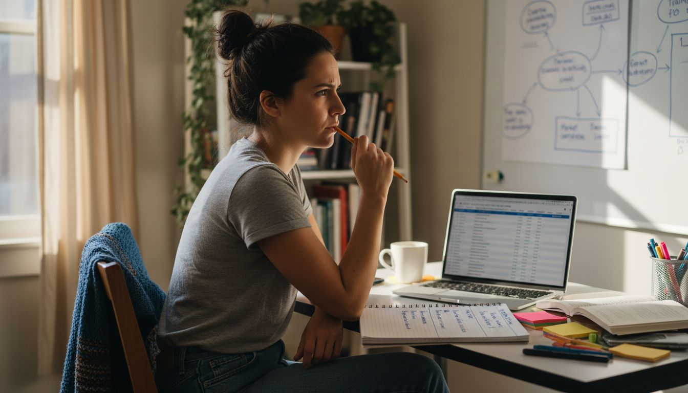 Solopreneur making self-assessment notes at desk