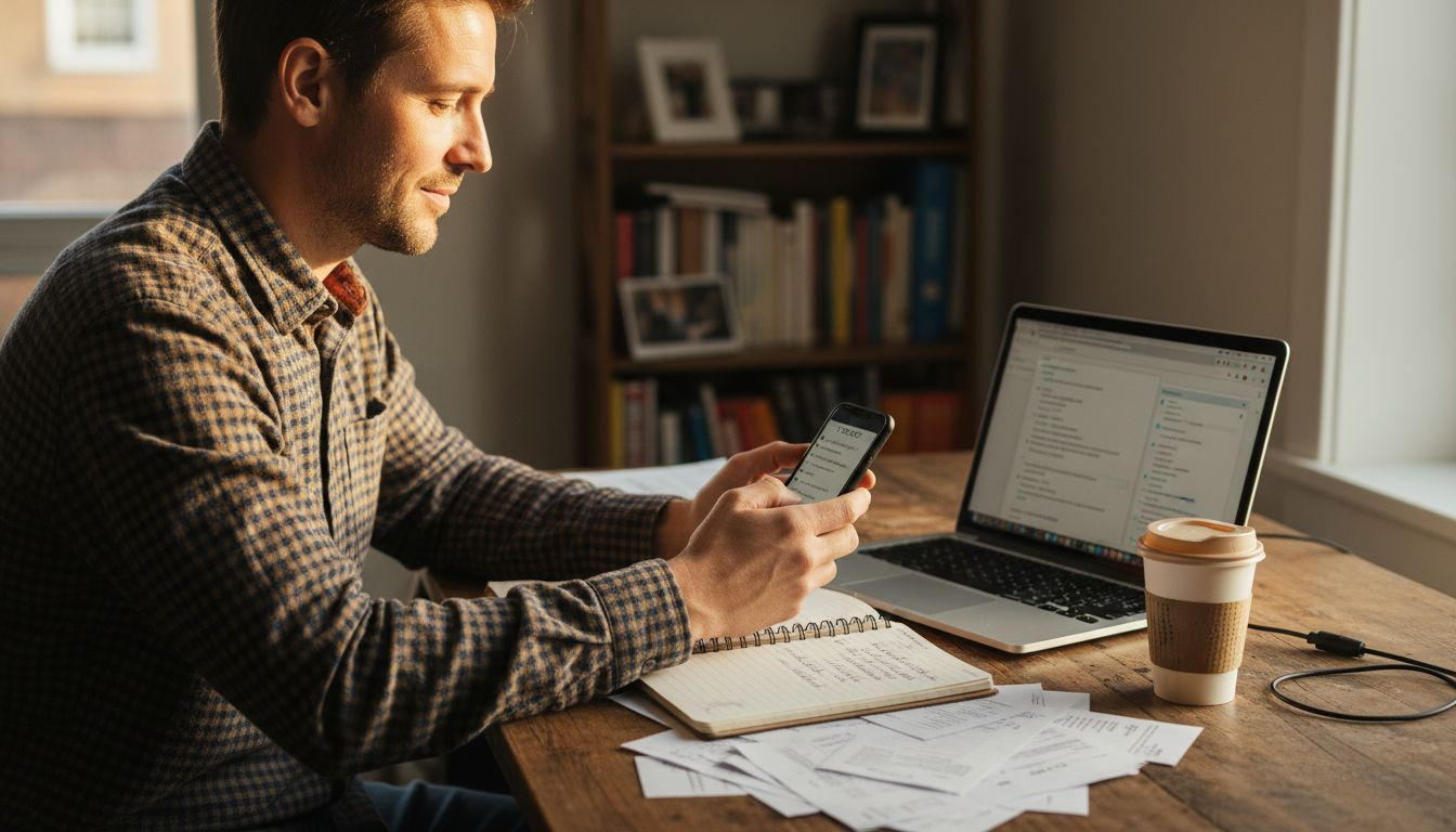 Freelancer emailing about delegation at messy desk