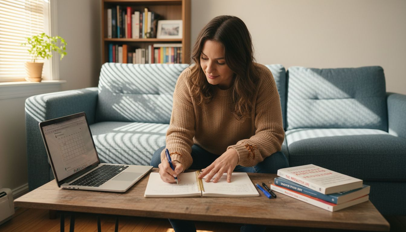 Solopreneur organizing tasks on sofa