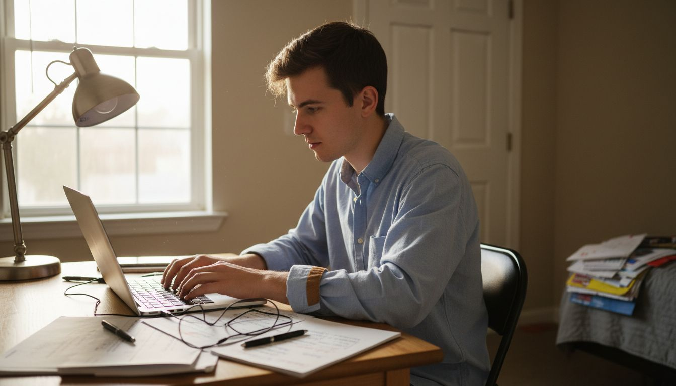 Solopreneur typing in organized home office