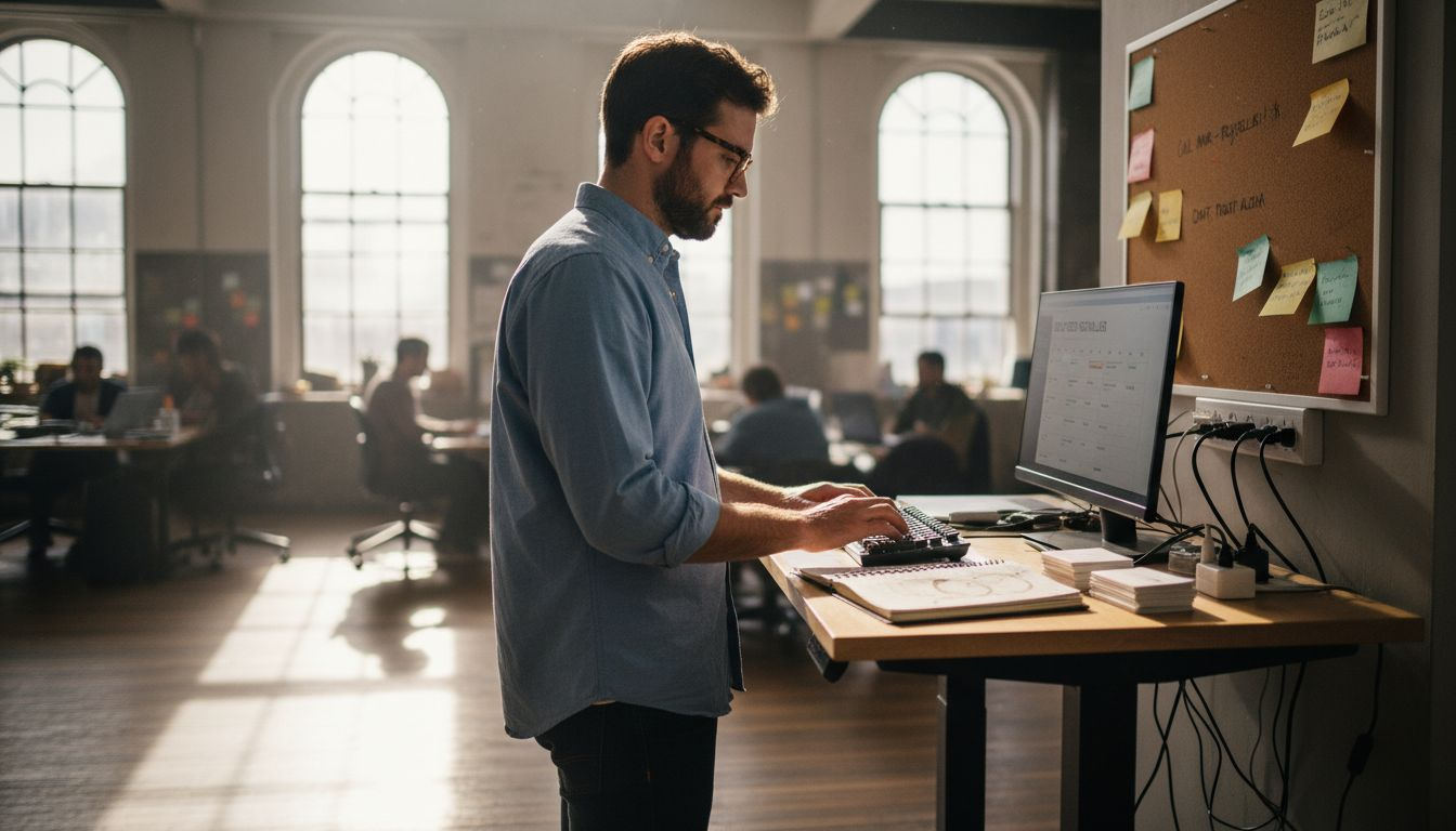 Solopreneur scheduling consistent content at desk