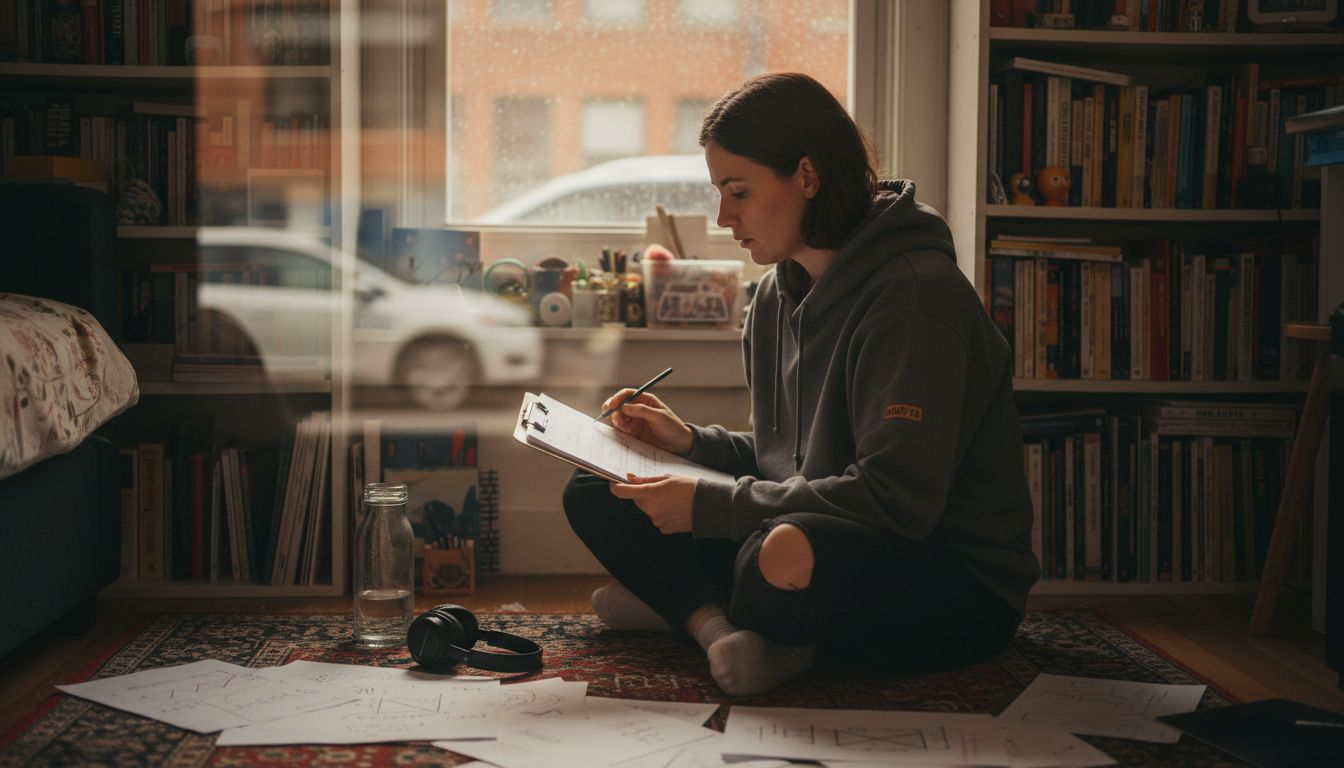 Solopreneur reviewing resources on studio floor