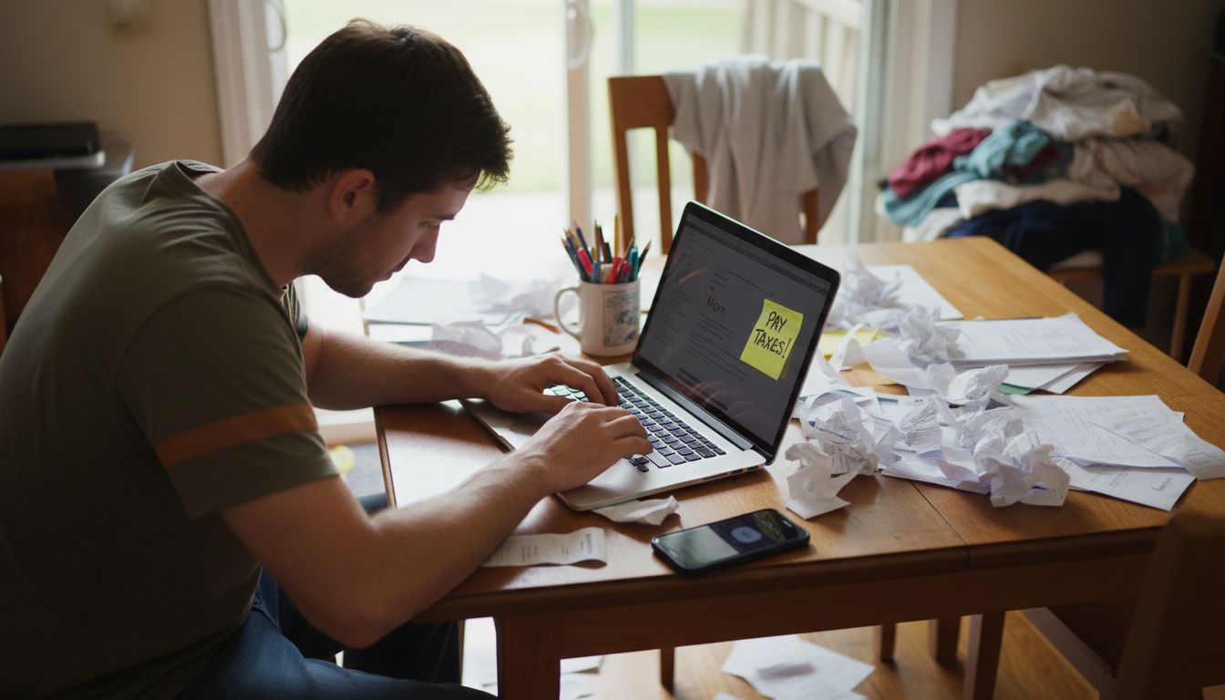 Overwhelmed solo entrepreneur with admin paperwork