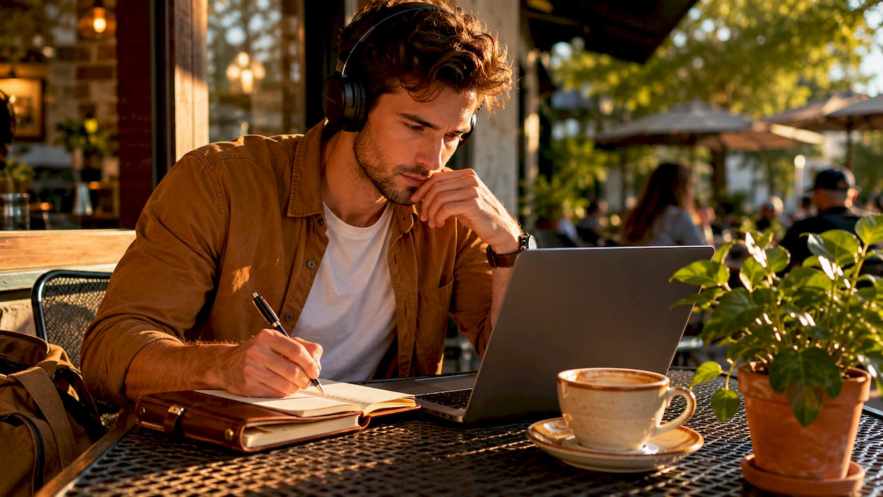 Freelancer managing clients in café workspace