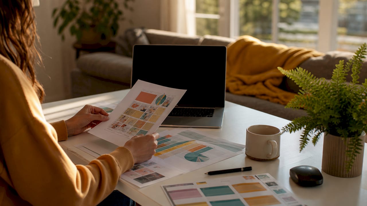 Hands organizing digital income planning papers