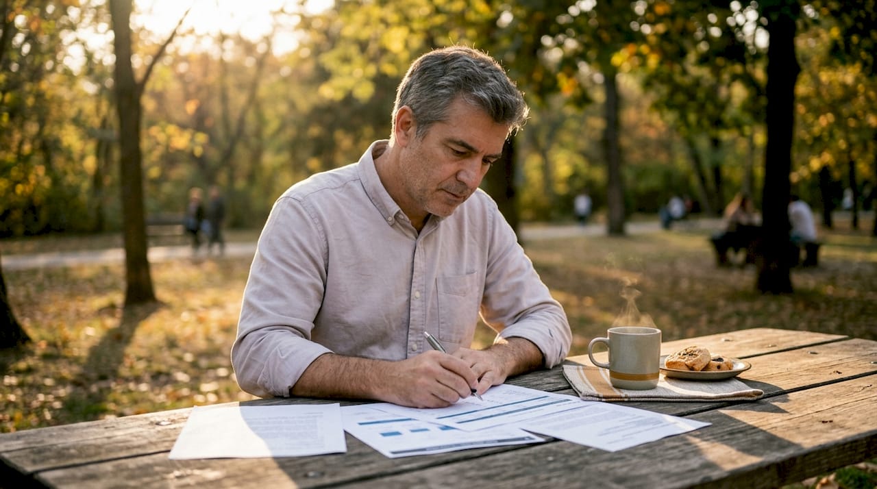 Man reviewing digital sales platform options at café table
