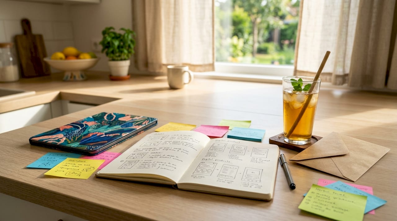 Flat lay of coach’s digital product planning tools