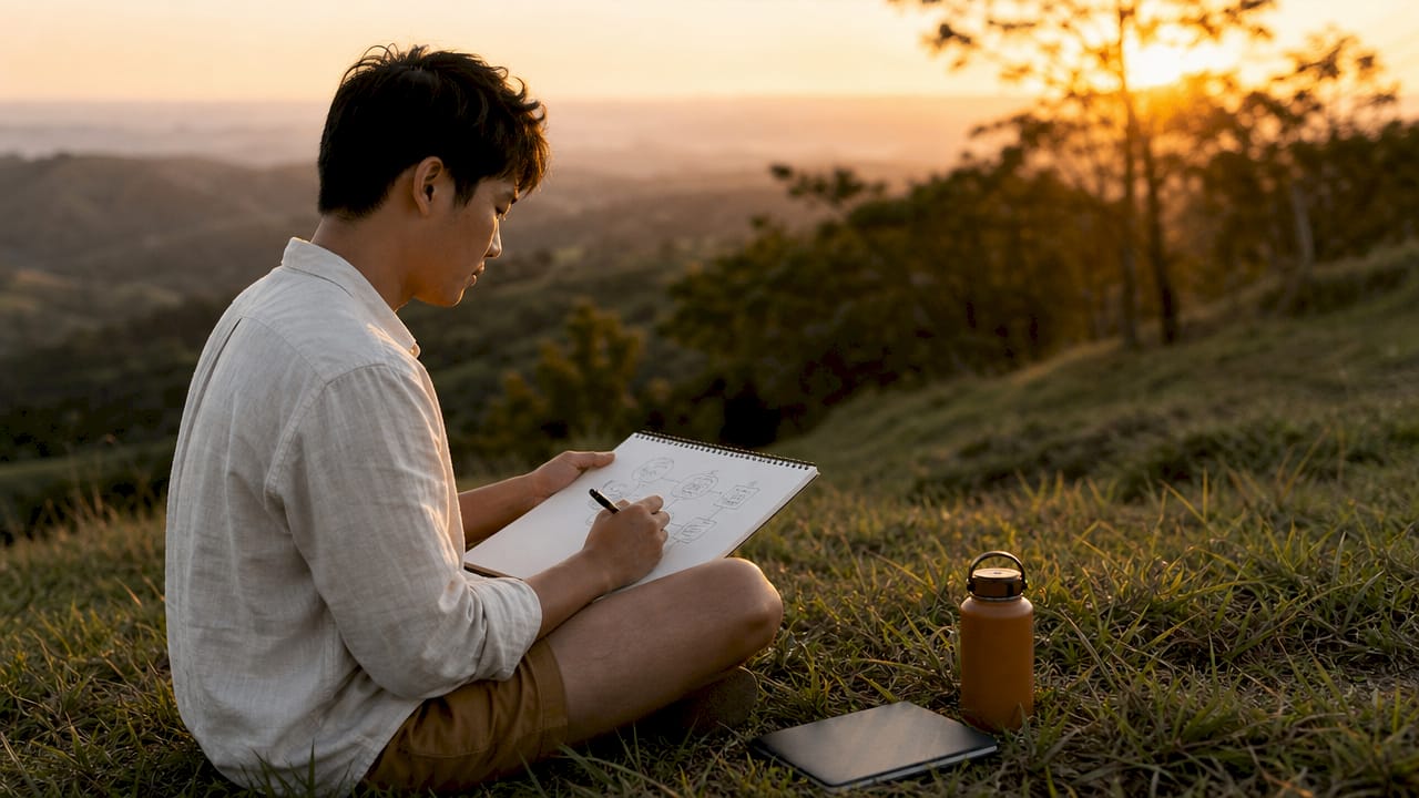 Person drafting business model ideas outdoors
