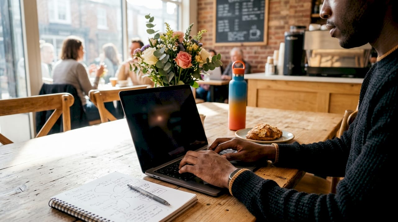 Solo founder typing on laptop with AI tools nearby