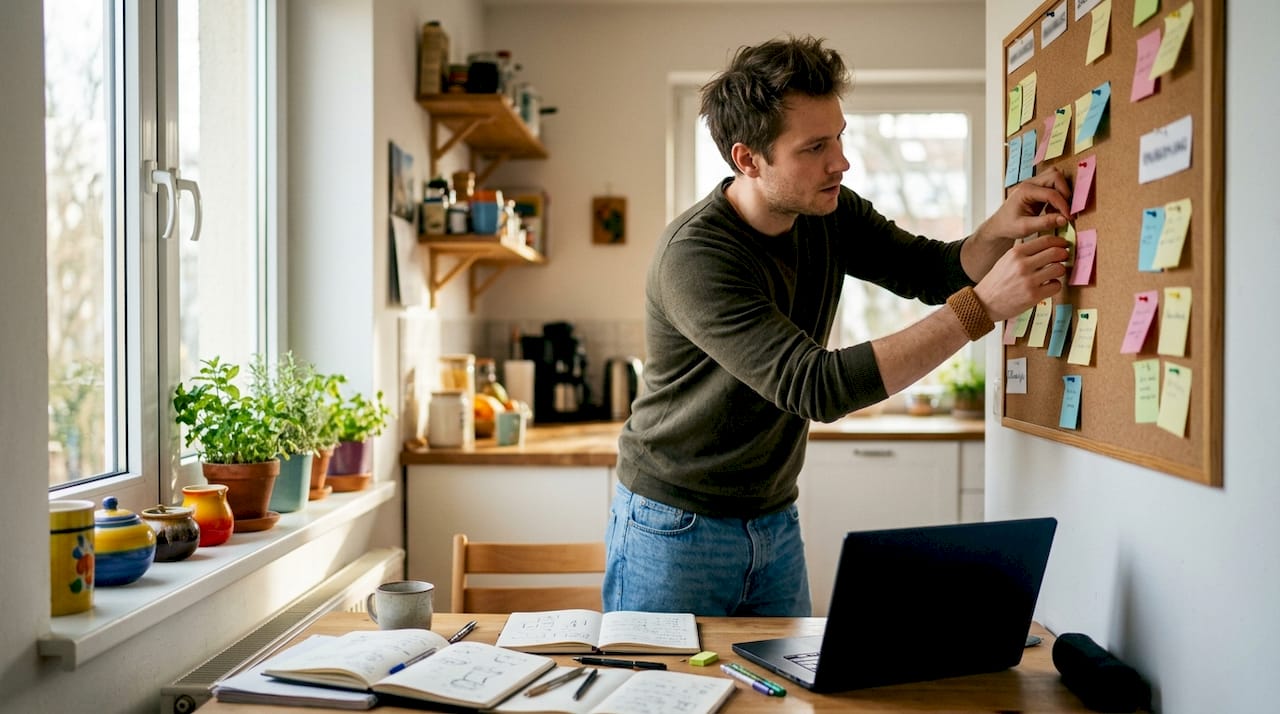 Young man organizing daily roles on corkboard
