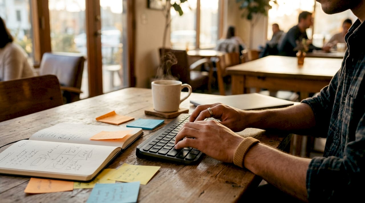 Hands typing at desk with AI workflow notes