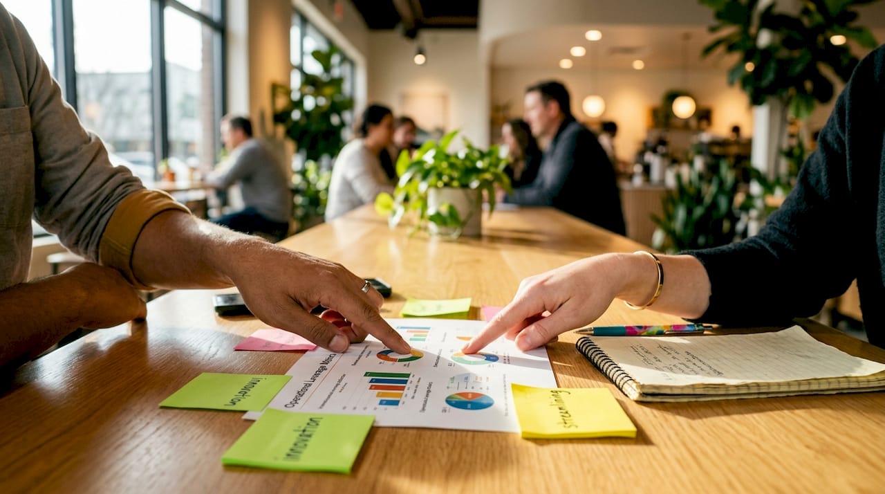 Colleagues analyzing operational leverage documents