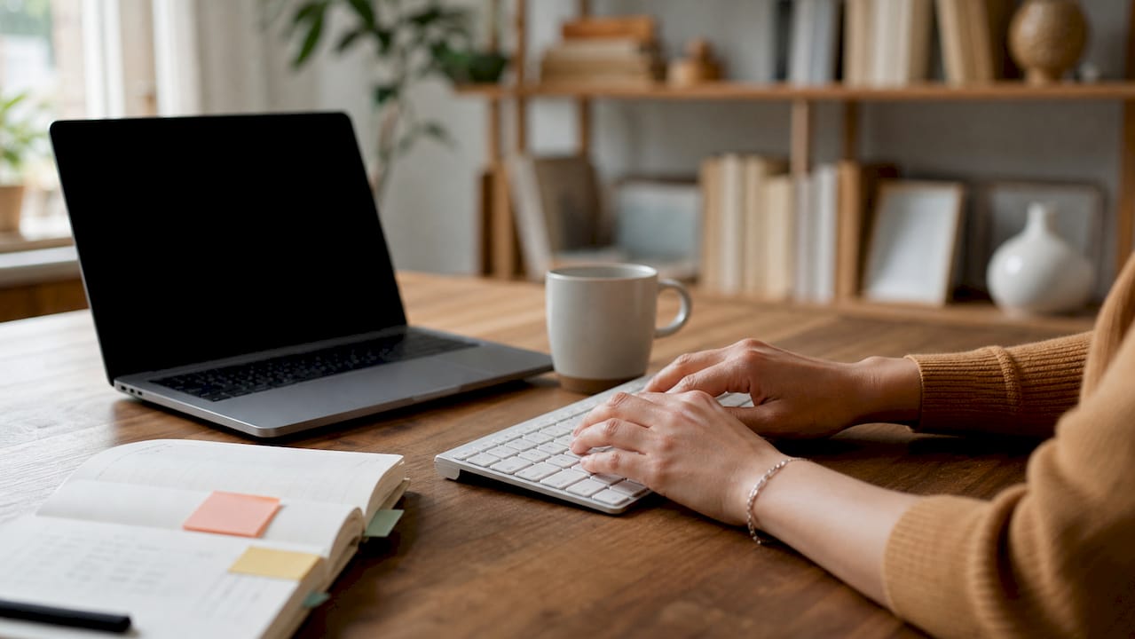 Hands typing on keyboard at coworking desk