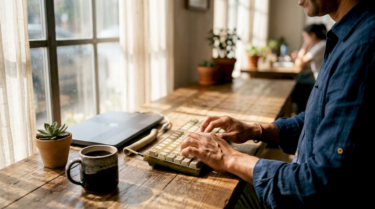 Hands typing on keyboard in sunlit office nook
