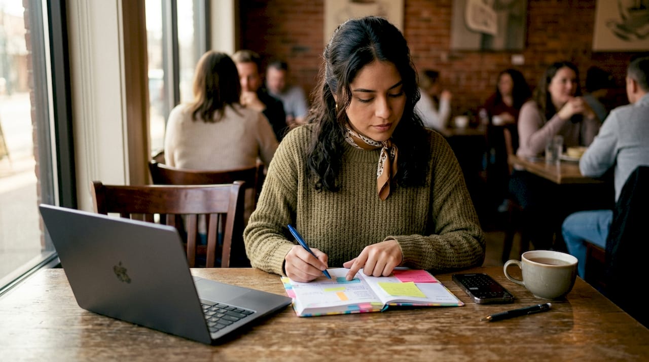Freelancer marking planner at desk overhead