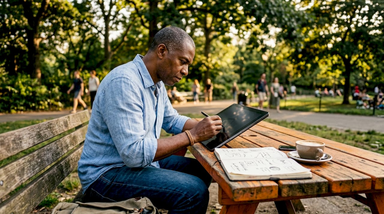 Freelancer designing niche brand in cafe