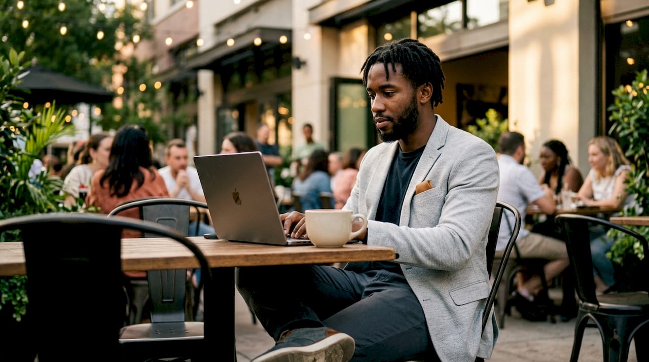 Solopreneur using AI for marketing automation in café